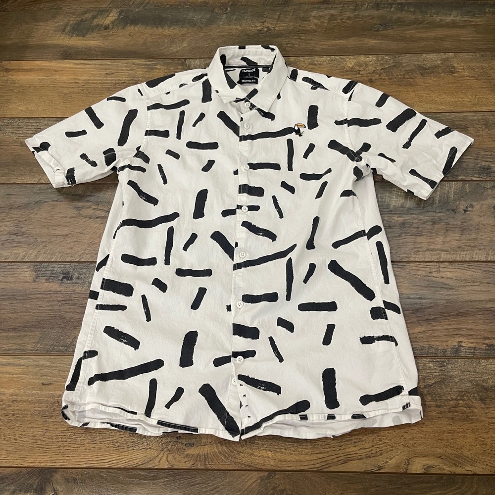 Hurley Mens Tailored Fit Short Sleeve Button Up Shirt White Black Abstract L